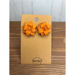 Genuine Leather Flower Earrings Orange Pansy Post Earrings NEW!  FAST SHIP